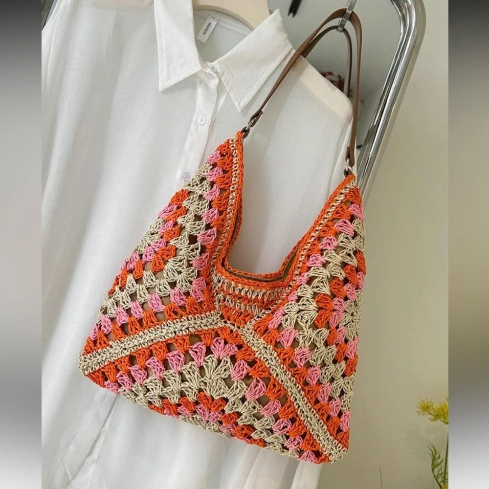 Elegant Orange and Pink Crochet Hobo Bag